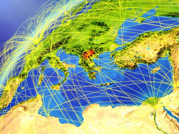 Macedónia Modell Föld Bolygó Nemzetközi Hálózatokkal Digitális Kommunikáció Technológia Fogalma — Stock Fotó