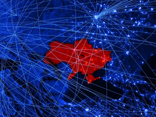 Ukraine on blue digital map with networks. Concept of international travel, communication and technology. 3D illustration. Elements of this image furnished by NASA.