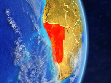 Namibya gezegen Planet Earth ülke sınırları ile. Son derece ayrıntılı gezegenin yüzeyi ve bulutlar. 3D çizim. Nasa tarafından döşenmiş bu görüntü unsurları.