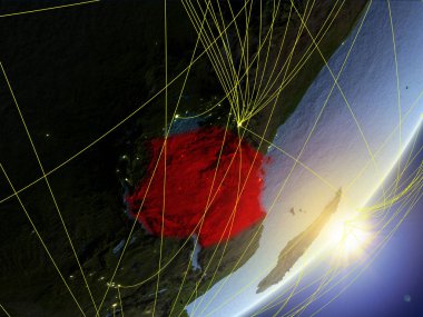 Tanzanya modeli bir gündoğumu sırasında ağ ile dünya gezegeni. Yeni teknoloji, iletişim ve seyahat kavramı. 3D çizim. Nasa tarafından döşenmiş bu görüntü unsurları.