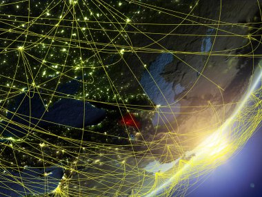 Ermenistan modeli bir gündoğumu sırasında ağ ile dünya gezegeni. Yeni teknoloji, iletişim ve seyahat kavramı. 3D çizim. Nasa tarafından döşenmiş bu görüntü unsurları.