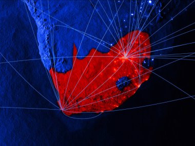 Güney Afrika ağları ile mavi dijital harita üzerinde. Uluslararası seyahat, iletişim ve teknoloji kavramı. 3D çizim. Nasa tarafından döşenmiş bu görüntü unsurları.