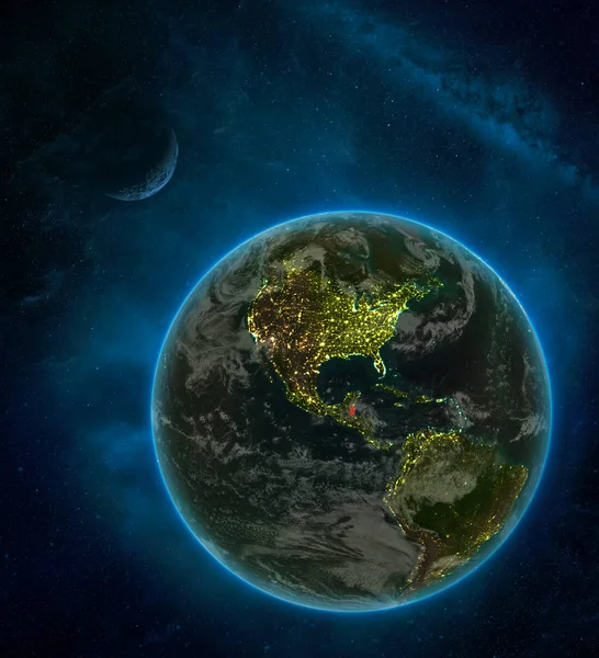 Belize from space on Earth at night surrounded by space with Moon and Milky Way. Detailed planet with city lights and clouds. 3D illustration. Elements of this image furnished by NASA.