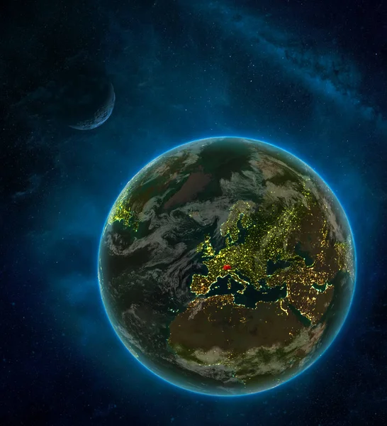 Switzerland from space on Earth at night surrounded by space with Moon and Milky Way. Detailed planet with city lights and clouds. 3D illustration. Elements of this image furnished by NASA.