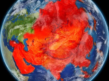 Asya gerçekçi modeli bir çok ayrıntılı gezegenin yüzey ve bulutlar Dünya gezegeni. Kıta kırmızı renkte vurgulanır. 3D çizim. Nasa tarafından döşenmiş bu görüntü unsurları.