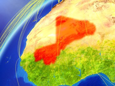 Mali modeli bir uluslararası ağları ile dünya gezegeni. Dijital iletişim ve teknoloji kavramı. 3D çizim. Nasa tarafından döşenmiş bu görüntü unsurları.