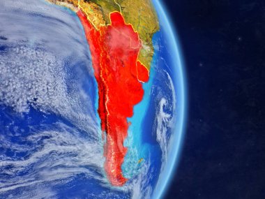 Southern Cone gezegen Planet Earth ülke sınırları ile. Son derece ayrıntılı gezegenin yüzeyi ve bulutlar. 3D çizim. Nasa tarafından döşenmiş bu görüntü unsurları.