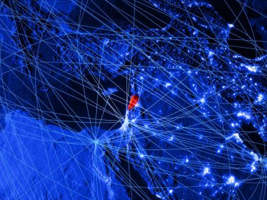 Lübnan ağları ile mavi dijital harita üzerinde. Uluslararası seyahat, iletişim ve teknoloji kavramı. 3D çizim. Nasa tarafından döşenmiş bu görüntü unsurları.