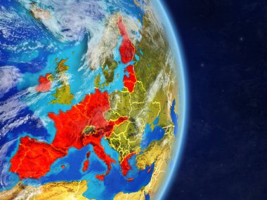 Avro bölgesi ülkelerinin gezegen Planet Earth ülke sınırları ile. Son derece ayrıntılı gezegenin yüzeyi ve bulutlar. 3D çizim. Nasa tarafından döşenmiş bu görüntü unsurları.