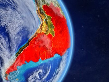 Mercosur memebers gezegen Planet Earth ülke sınırları ile. Son derece ayrıntılı gezegenin yüzeyi ve bulutlar. 3D çizim. Nasa tarafından döşenmiş bu görüntü unsurları.