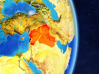 İslam devleti gezegen Planet Earth ülke sınırları ile. Son derece ayrıntılı gezegenin yüzeyi ve bulutlar. 3D çizim. Nasa tarafından döşenmiş bu görüntü unsurları.