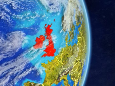 Britanya Adaları gezegen Planet Earth ülke sınırları ile. Son derece ayrıntılı gezegenin yüzeyi ve bulutlar. 3D çizim. Nasa tarafından döşenmiş bu görüntü unsurları.