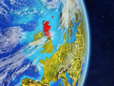 İskoçya gezegen Planet Earth ülke sınırları ile. Son derece ayrıntılı gezegenin yüzeyi ve bulutlar. 3D çizim. Nasa tarafından döşenmiş bu görüntü unsurları.