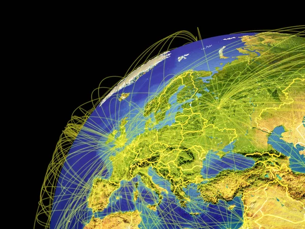 Europa Desde Espacio Tierra Con Líneas Que Representan Conexiones Internacionales —  Fotos de Stock