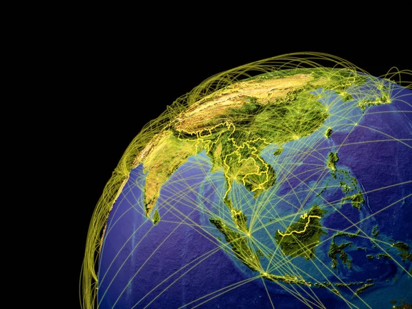 亚洲从地球上的太空出发 线路代表国际联系 美国宇航局提供的这张图片的元素 — 图库照片
