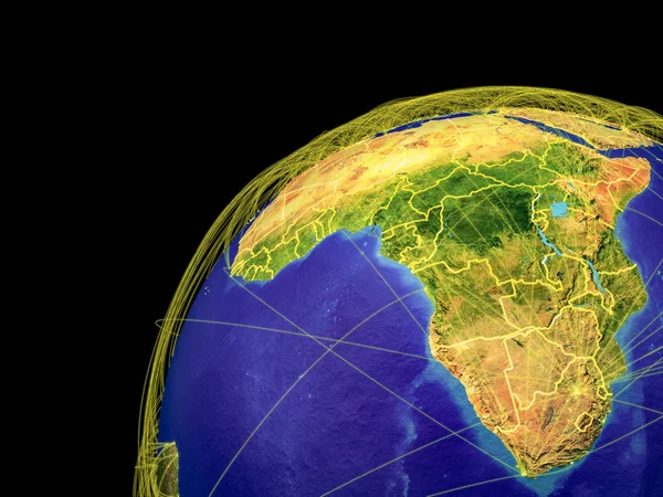 Africa from space on Earth with lines representing international connections, communication, travel. 3D illustration. Elements of this image furnished by NASA.