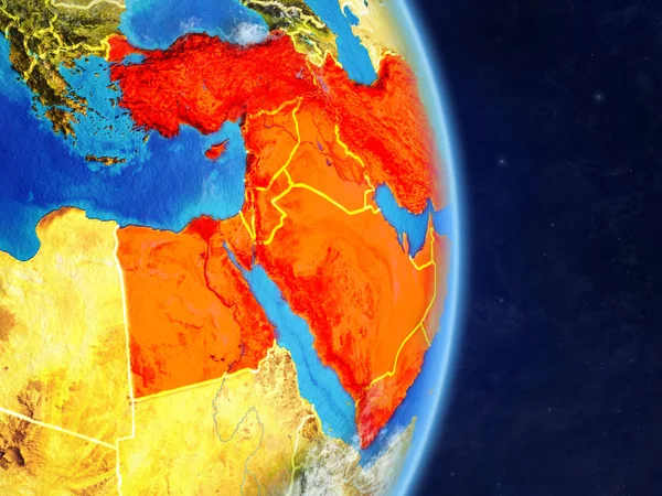 Middle East on planet planet Earth with country borders. Extremely detailed planet surface and clouds. 3D illustration. Elements of this image furnished by NASA.