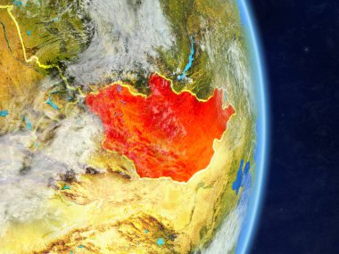 Moğolistan ülke sınırları ile gezegen Planet Earth. Son derece ayrıntılı gezegenin yüzeyi ve bulutlar. 3D çizim. Nasa tarafından döşenmiş bu görüntü unsurları.
