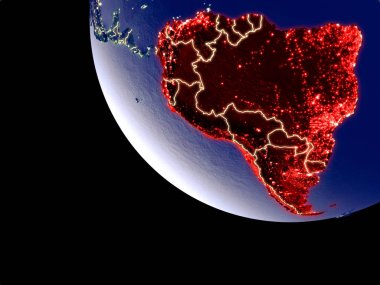 Güney Amerika'nın yörünge görünümü parlak şehir ışıkları ile gece. Çok detaylı plastik gezegenin yüzey. 3D çizim. Nasa tarafından döşenmiş bu görüntü unsurları.