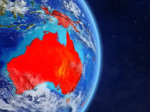 Australia on planet planet Earth with country borders. Extremely detailed planet surface and clouds. 3D illustration. Elements of this image furnished by NASA.