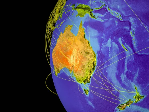 Australia from space on planet Earth with lines representing global communication, travel, connections. 3D illustration. Elements of this image furnished by NASA.