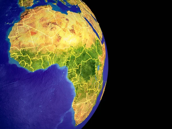 Africa from space with visible country borders. Extremely fine detail of the plastic planet surface with mountains. 3D illustration. Elements of this image furnished by NASA.