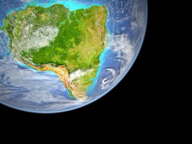 Güney Amerika gezegeni uzaydan. 3D çizim. Nasa tarafından döşenmiş bu görüntü unsurları.