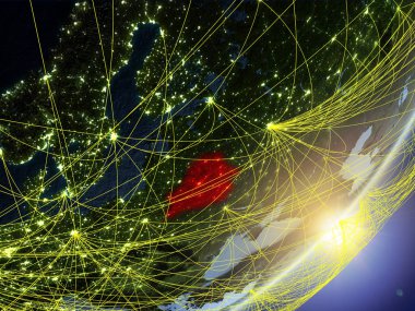 Beyaz Rusya modeli bir gündoğumu sırasında ağ ile dünya gezegeni. Yeni teknoloji, iletişim ve seyahat kavramı. 3D çizim. Nasa tarafından döşenmiş bu görüntü unsurları.