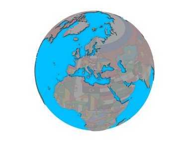 Kosova ile katıştırılmış ulusal bayrak mavi siyasi 3d dünya üzerinde. 3d illüstrasyon izole beyaz arka plan üzerinde.