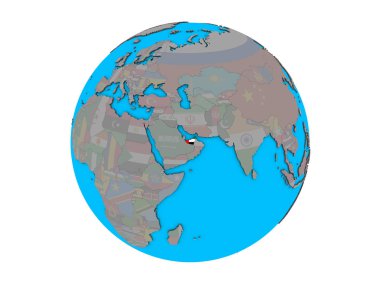 Birleşik Arap Emirlikleri ile katıştırılmış ulusal bayrak mavi siyasi 3d dünya üzerinde. 3d illüstrasyon izole beyaz arka plan üzerinde.