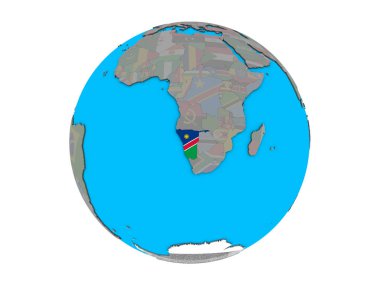 Namibya katıştırılmış ulusal bayrak mavi siyasi 3d dünya üzerinde. 3d illüstrasyon izole beyaz arka plan üzerinde.
