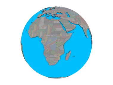 Mavi siyasi 3d dünya üzerinde katıştırılmış ulusal bayrak ile Ruanda. 3d illüstrasyon izole beyaz arka plan üzerinde.
