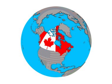 Mavi siyasi 3d dünya üzerinde katıştırılmış ulusal bayrak ile Kanada. 3d illüstrasyon izole beyaz arka plan üzerinde.
