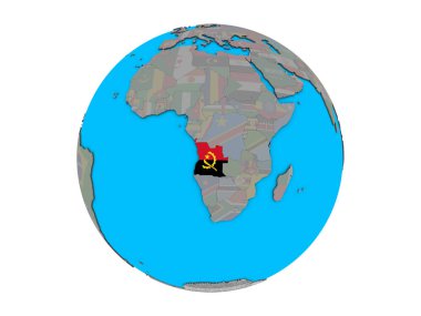 Angola ile katıştırılmış ulusal bayrak mavi siyasi 3d dünya üzerinde. 3d illüstrasyon izole beyaz arka plan üzerinde.