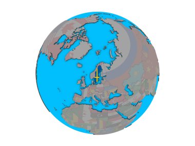 İsveç ile katıştırılmış ulusal bayrak mavi siyasi 3d dünya üzerinde. 3d illüstrasyon izole beyaz arka plan üzerinde.