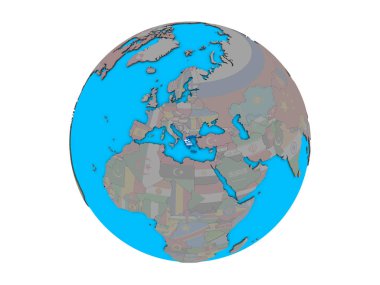 Yunanistan ile katıştırılmış ulusal bayrak mavi siyasi 3d dünya üzerinde. 3d illüstrasyon izole beyaz arka plan üzerinde.
