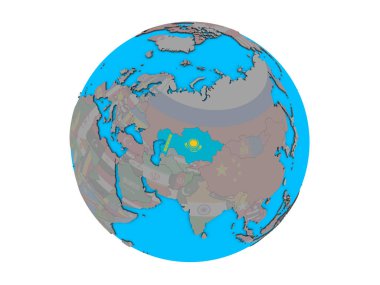 Kazakistan ile katıştırılmış ulusal bayrak mavi siyasi 3d dünya üzerinde. 3d illüstrasyon izole beyaz arka plan üzerinde.