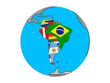 Mavi siyasi 3d dünya üzerinde katıştırılmış ülke bayrakları ile Güney Amerika. 3d illüstrasyon izole beyaz arka plan üzerinde.