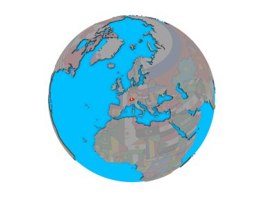 İsviçre ile katıştırılmış ulusal bayrak mavi siyasi 3d dünya üzerinde. 3d illüstrasyon izole beyaz arka plan üzerinde.