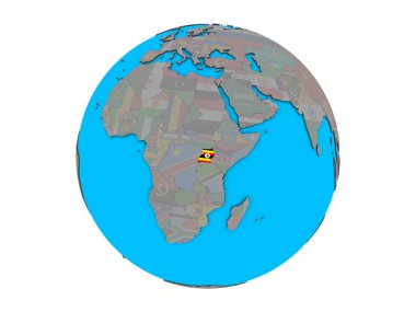 Uganda katıştırılmış ulusal bayrak mavi siyasi 3d dünya üzerinde. 3d illüstrasyon izole beyaz arka plan üzerinde.