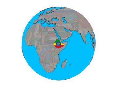 Etiyopya ile katıştırılmış ulusal bayrak mavi siyasi 3d dünya üzerinde. 3d illüstrasyon izole beyaz arka plan üzerinde.