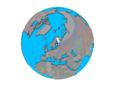 Finlandiya ile katıştırılmış ulusal bayrak mavi siyasi 3d dünya üzerinde. 3d illüstrasyon izole beyaz arka plan üzerinde.