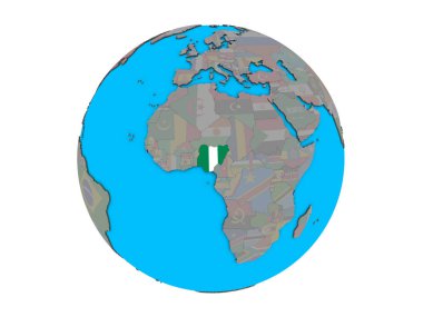 Nijerya ile katıştırılmış ulusal bayrak mavi siyasi 3d dünya üzerinde. 3d illüstrasyon izole beyaz arka plan üzerinde.