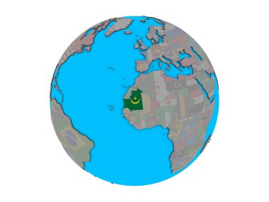 Moritanya ile katıştırılmış ulusal bayrak mavi siyasi 3d dünya üzerinde. 3d illüstrasyon izole beyaz arka plan üzerinde.