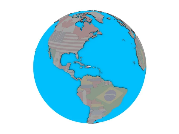 青い政治 地球儀上の埋め込まれた国旗とドミニカ共和国 白い背景で隔離の — ストック写真