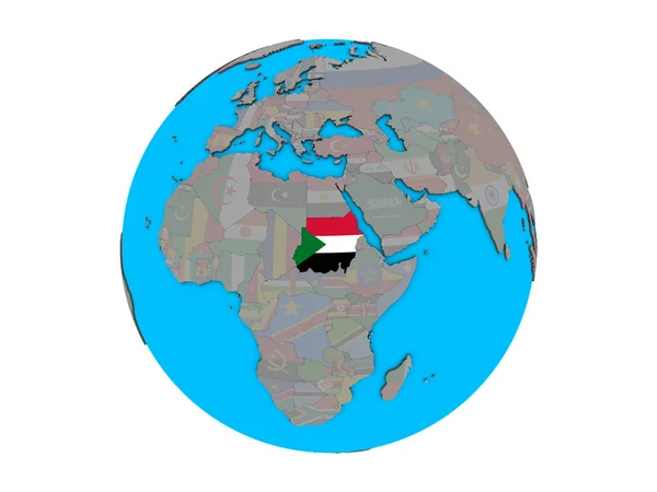 Szudán Beágyazott Nemzeti Zászló Kék Politikai Földgömb Illusztráció Elszigetelt Fehér — Stock Fotó