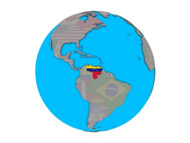 Venezuela ile katıştırılmış ulusal bayrak mavi siyasi 3d dünya üzerinde. 3d illüstrasyon izole beyaz arka plan üzerinde.