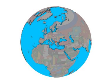 Makedonya ile katıştırılmış ulusal bayrak mavi siyasi 3d dünya üzerinde. 3d illüstrasyon izole beyaz arka plan üzerinde.