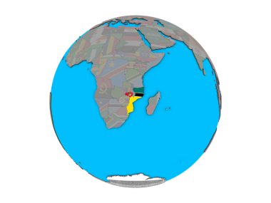 Mozambik katıştırılmış ulusal bayrak mavi siyasi 3d dünya üzerinde. 3d illüstrasyon izole beyaz arka plan üzerinde.