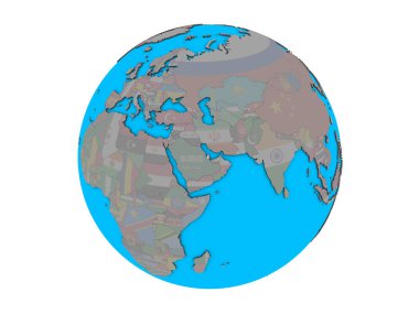 Mavi siyasi 3d dünya üzerinde katıştırılmış ulusal bayrak ile Katar. 3d illüstrasyon izole beyaz arka plan üzerinde.